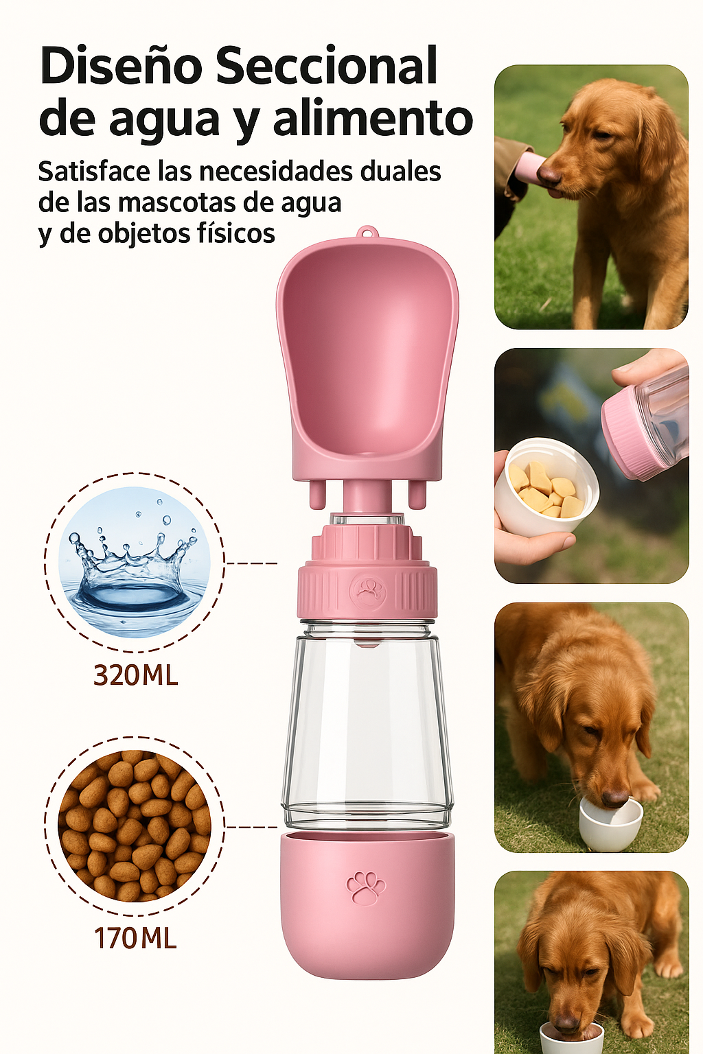 Botella 2 en 1 Agua + Alimento para Mascotas